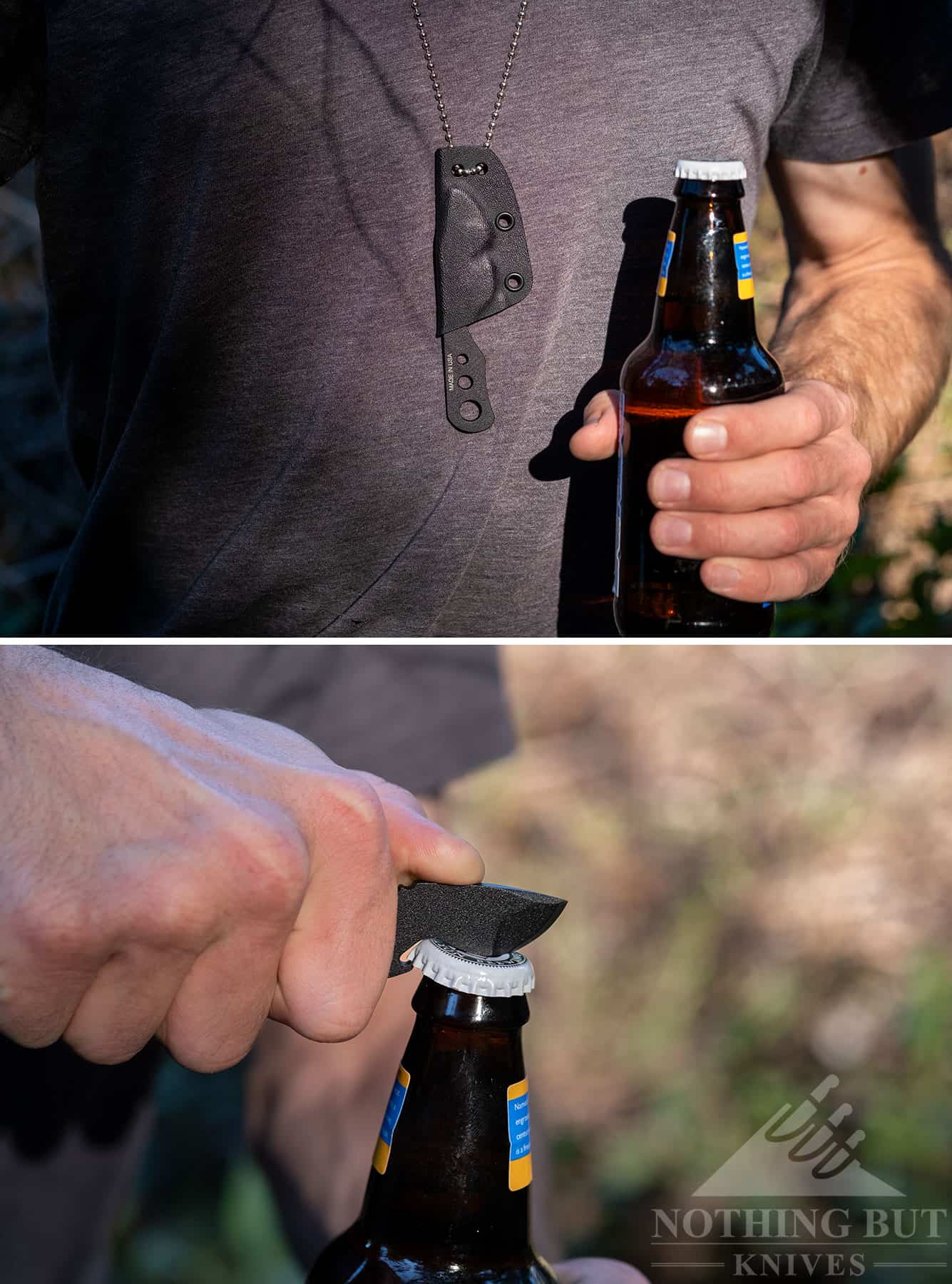This two image montage shows the TOPS Bartender Defender in its sheath and outside the sheath opening a beer bottle. 