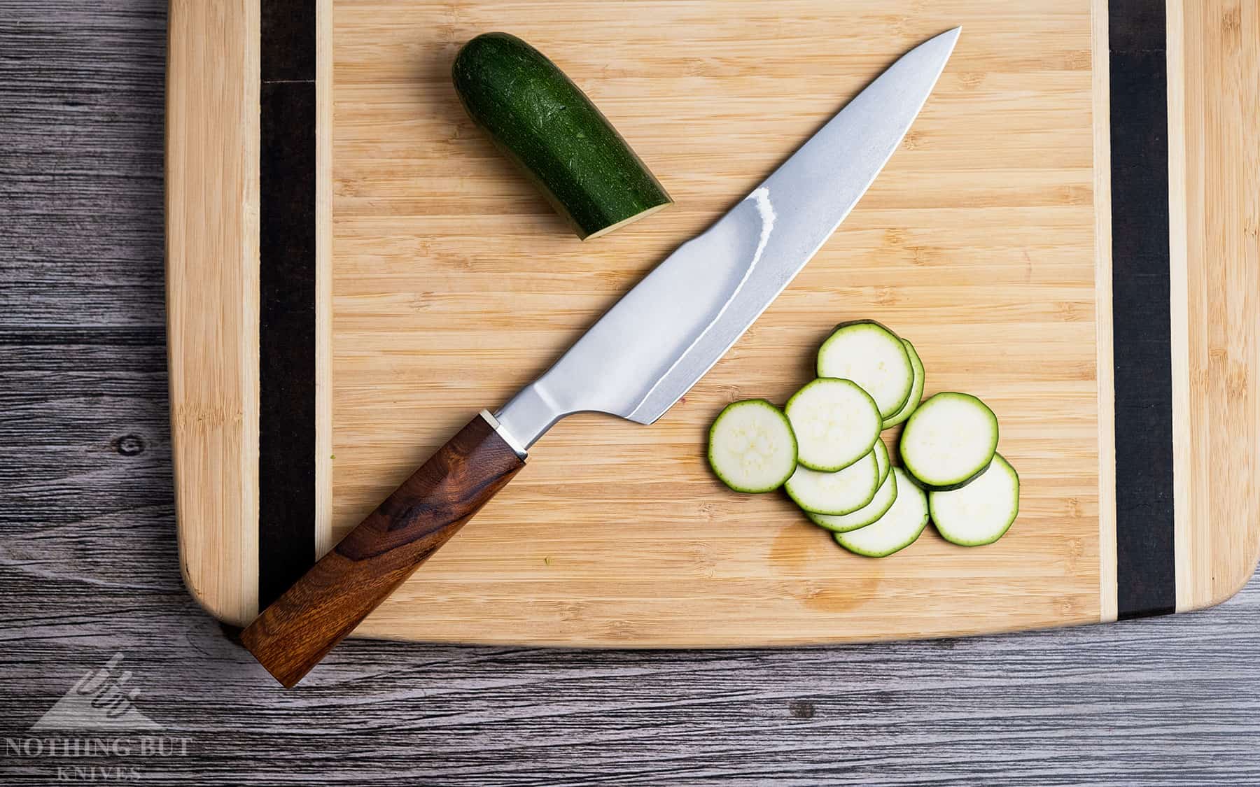 The Xin Cutlery XinCraft 8.4 inch chef knife handled zucchini slices quite well.