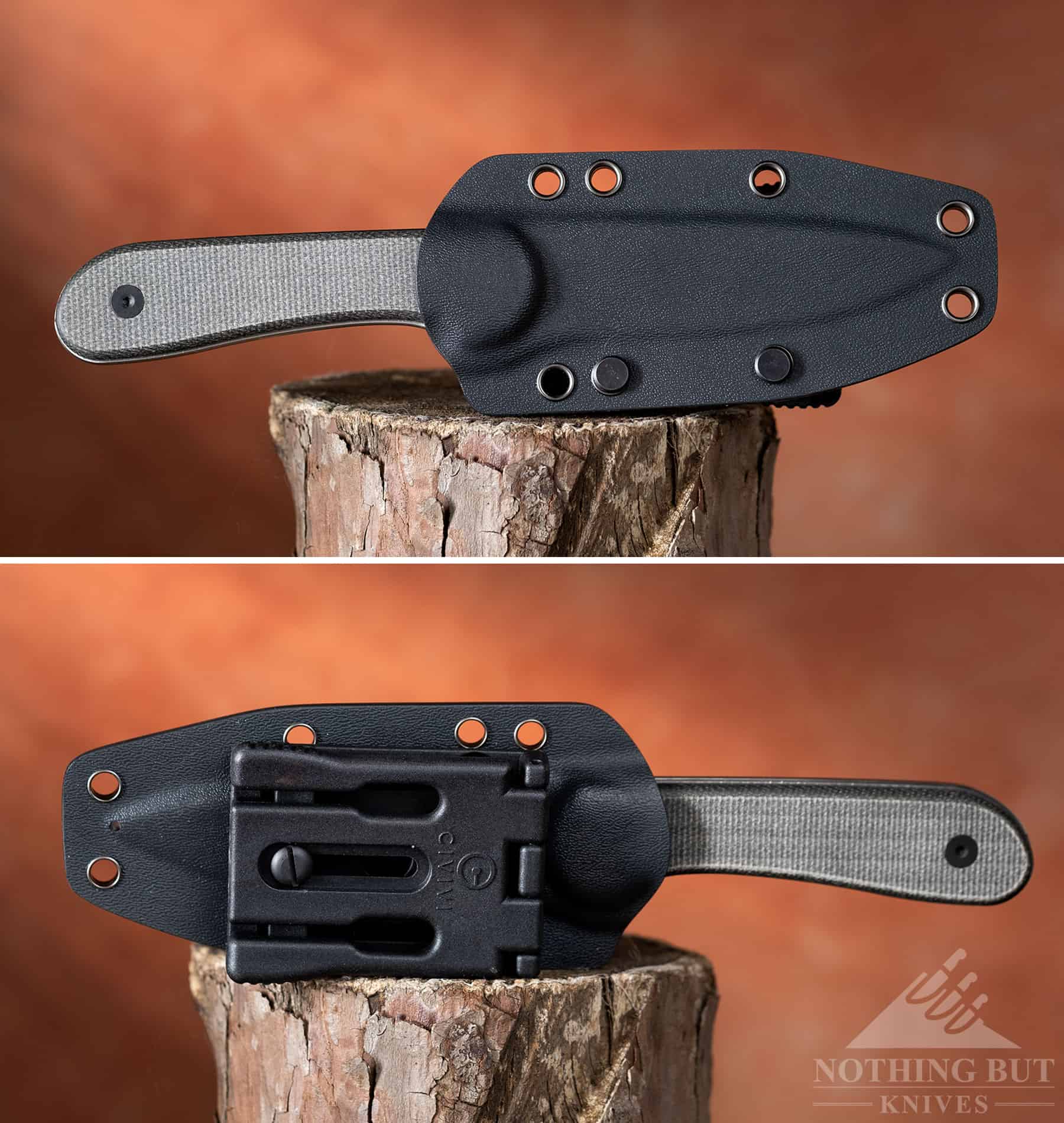 Front and back view of the Elementum Fixed Blade in its sheath. to show how versatile it is. 