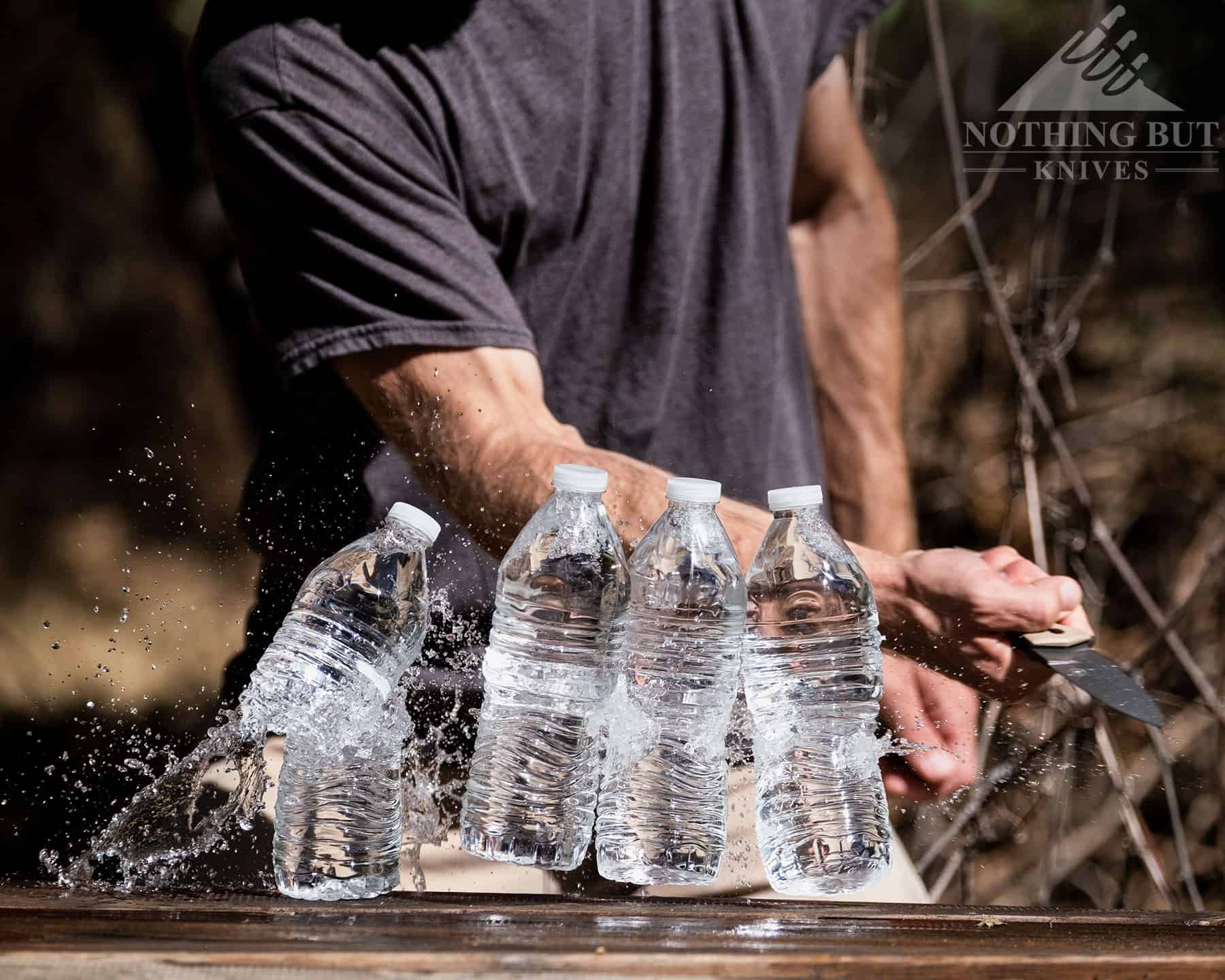 Slicing four water bottles with the Off-Grid Enforcer XL was pretty easy. 
