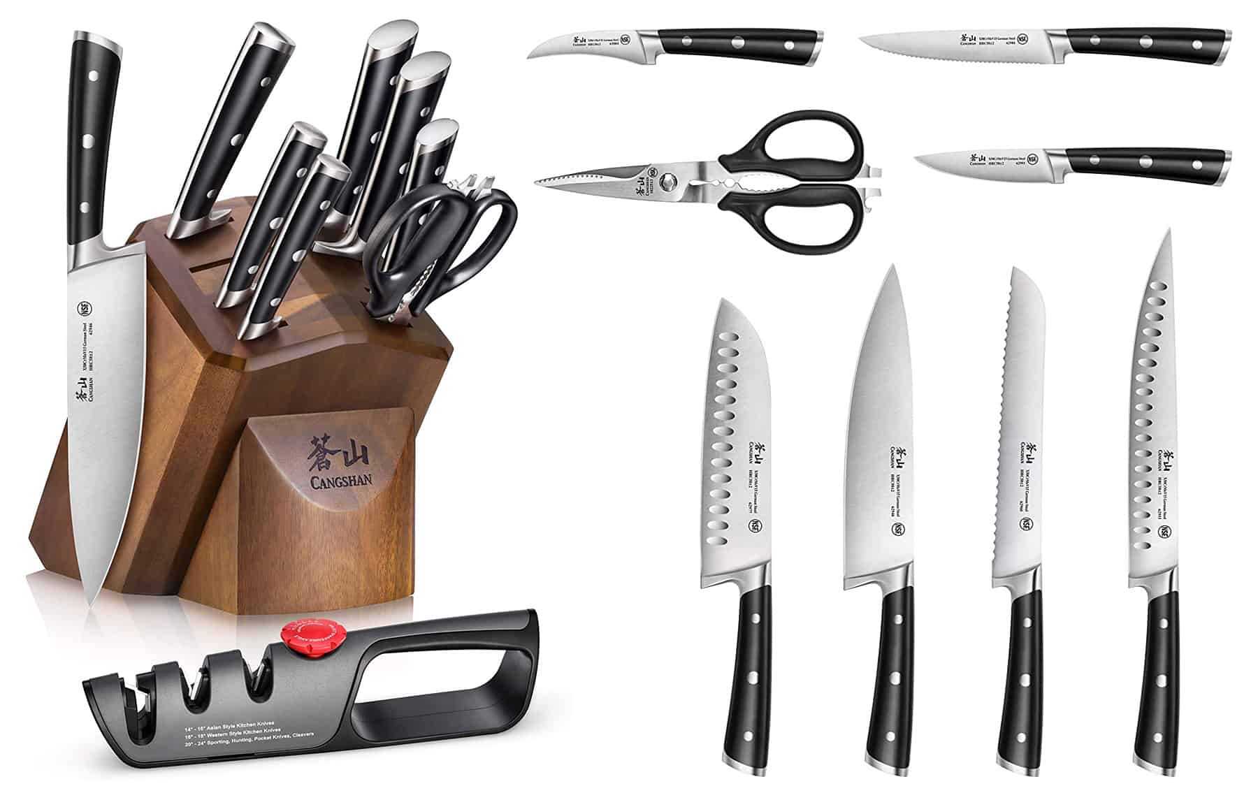 The Cangshan S1 10 piece knife sets is one of the best cutlery sets under $200. It is shown here with the knives both inside and outside the storage block. 