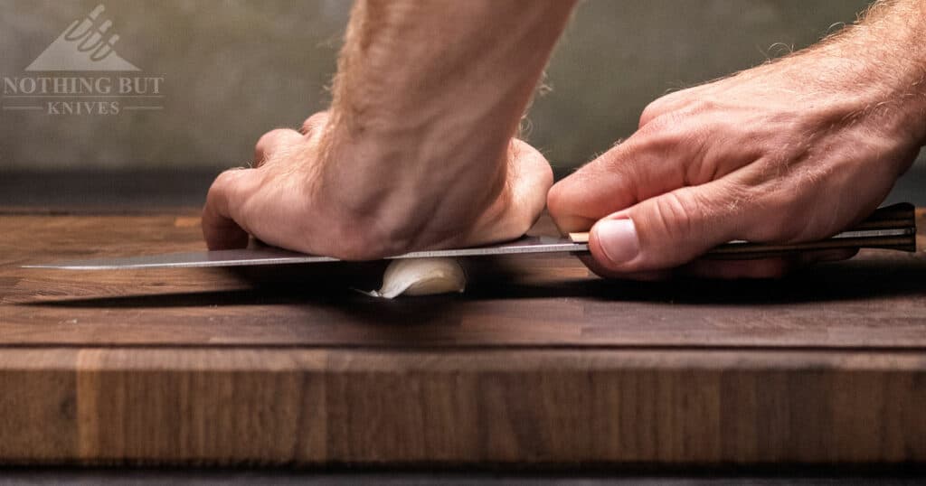 Bradford Chef'S Knife Review - Image 5 The spine of the Bradford chef knife is thin but still tough enough to handle tasks like crushing garlic.