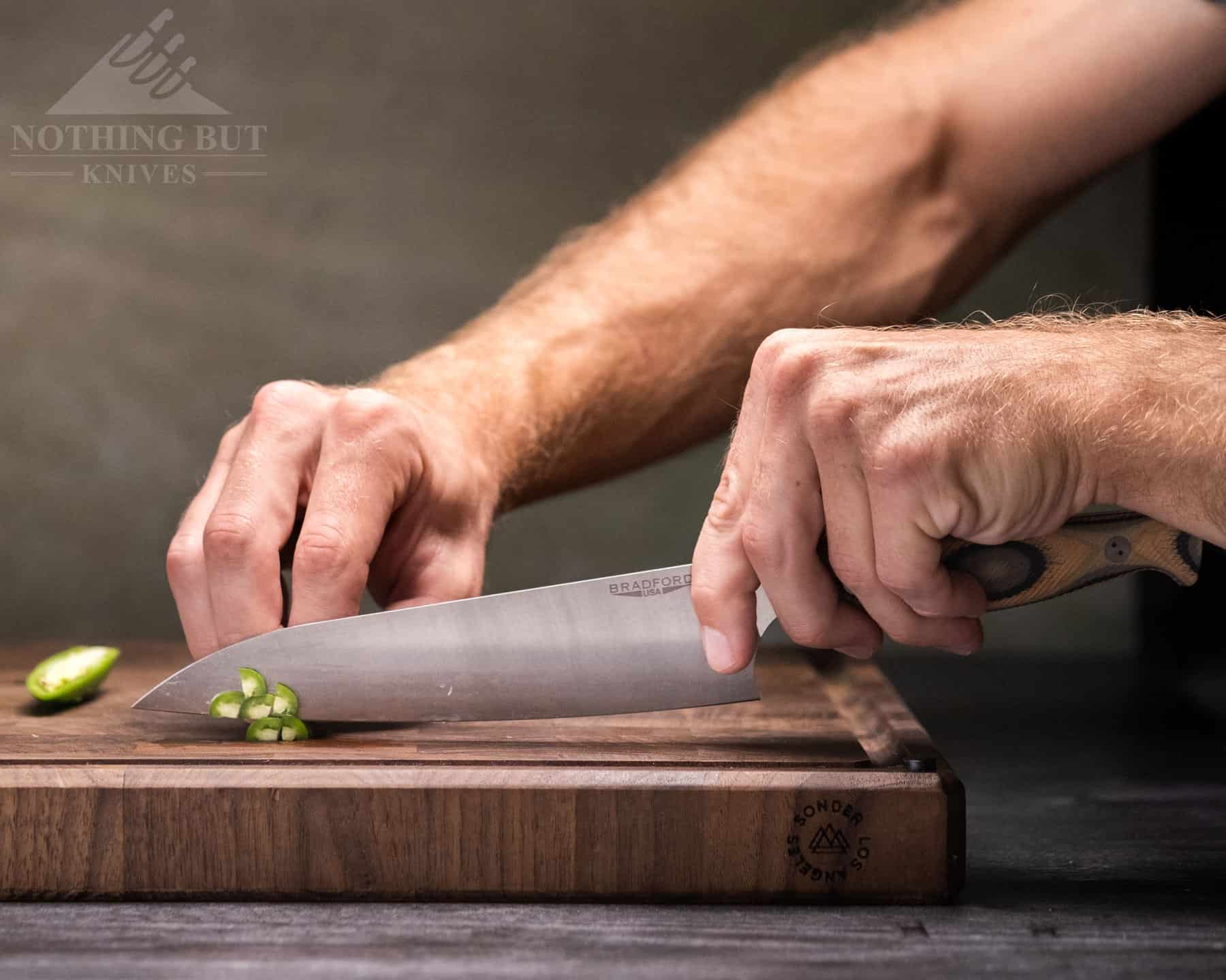 Dicing up small food items like the pepper pictured here is fairly easy with the Bradford 8 inch chef knife.