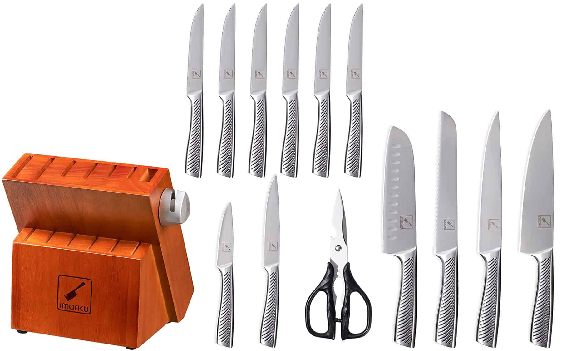 The Imarku 14 piece Dishwasher Safe Set is one of the few knife sets that can handle a dishwasher.