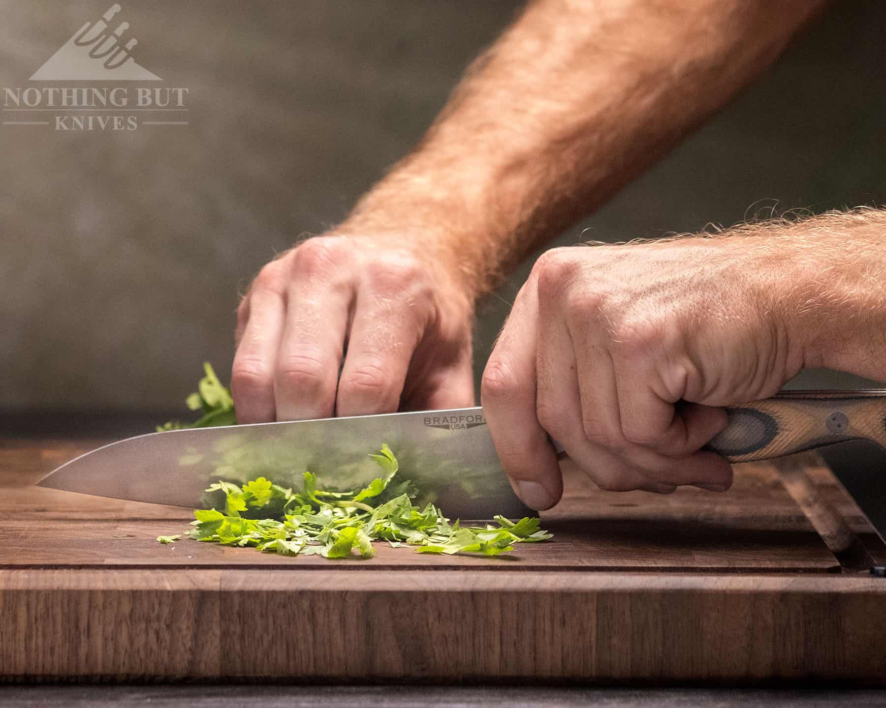 The thin blade of the Bradford chef knife did a great job of dicing cilantro. 