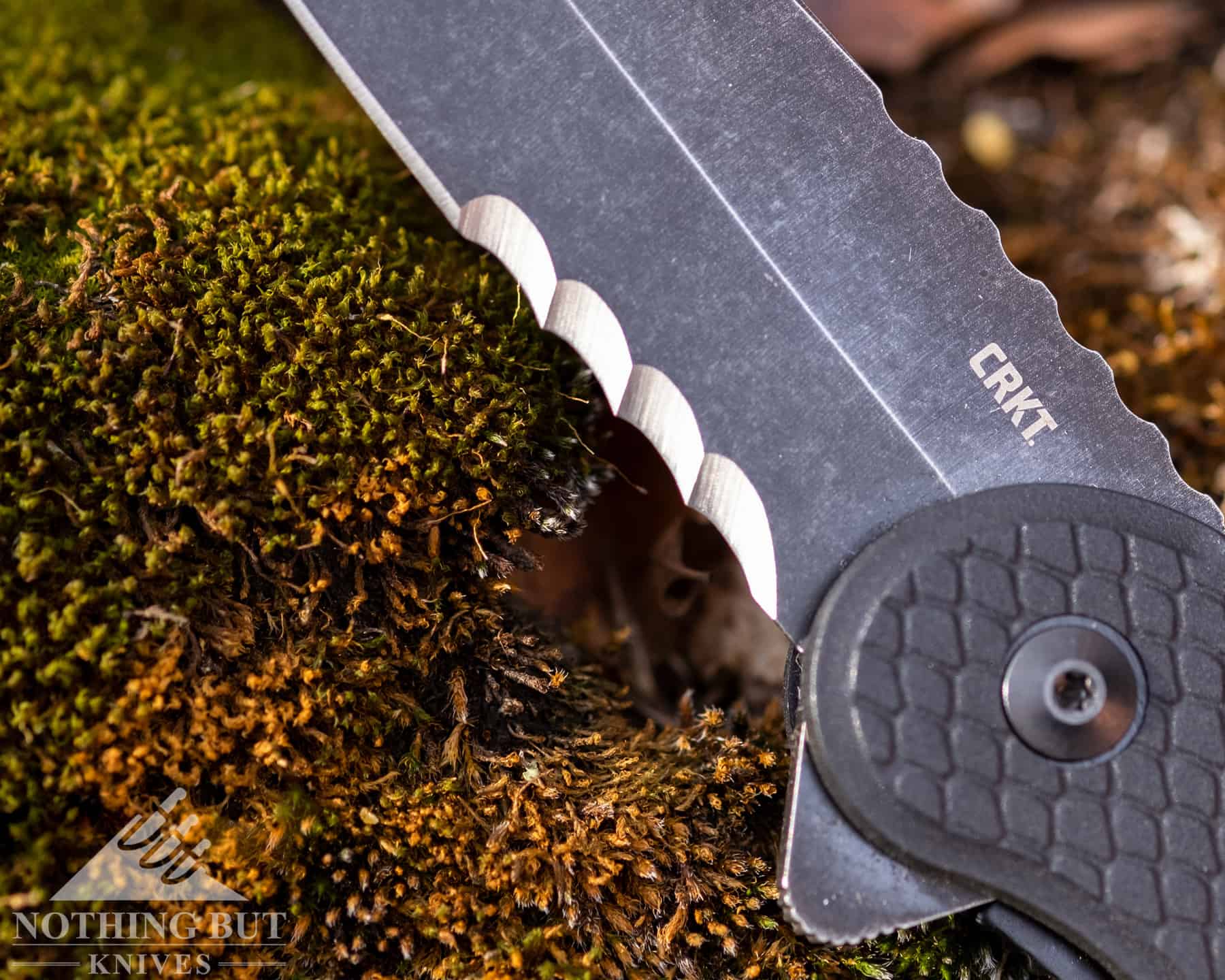 A macro image of the Veff serrations on the CRKT Taco Viper blade. 