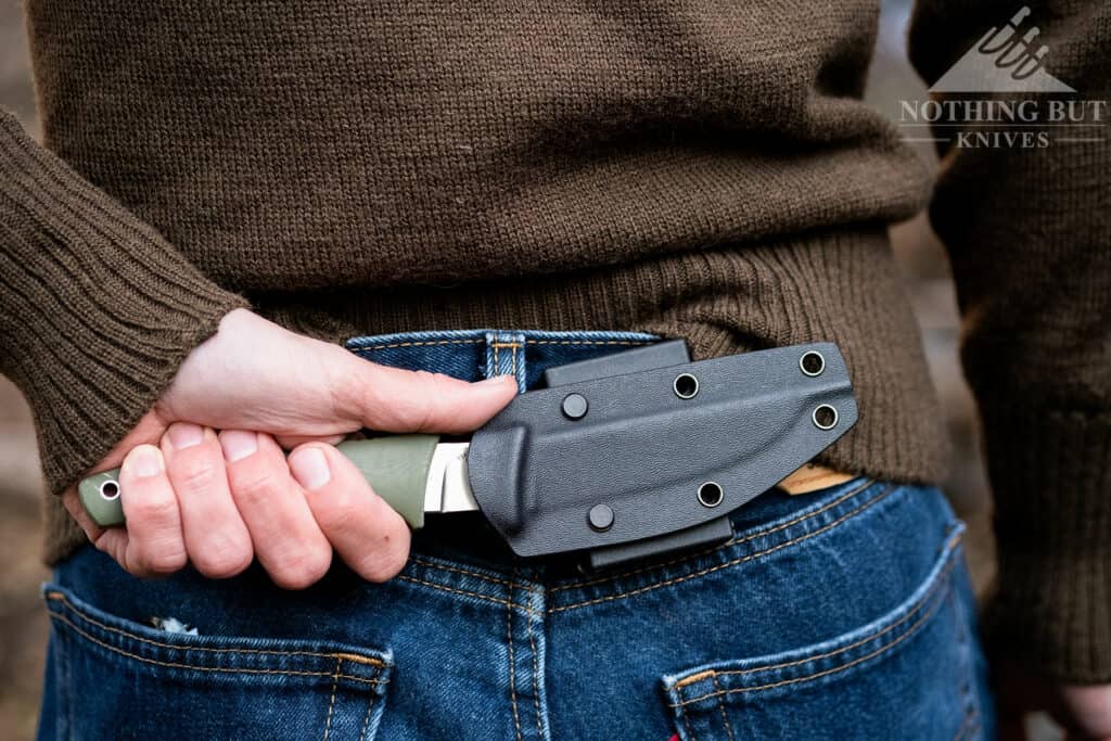 The Civivi Tamashii is a great size for horizontal carry, and its sheath can be configured for a variety of belt sizes. 