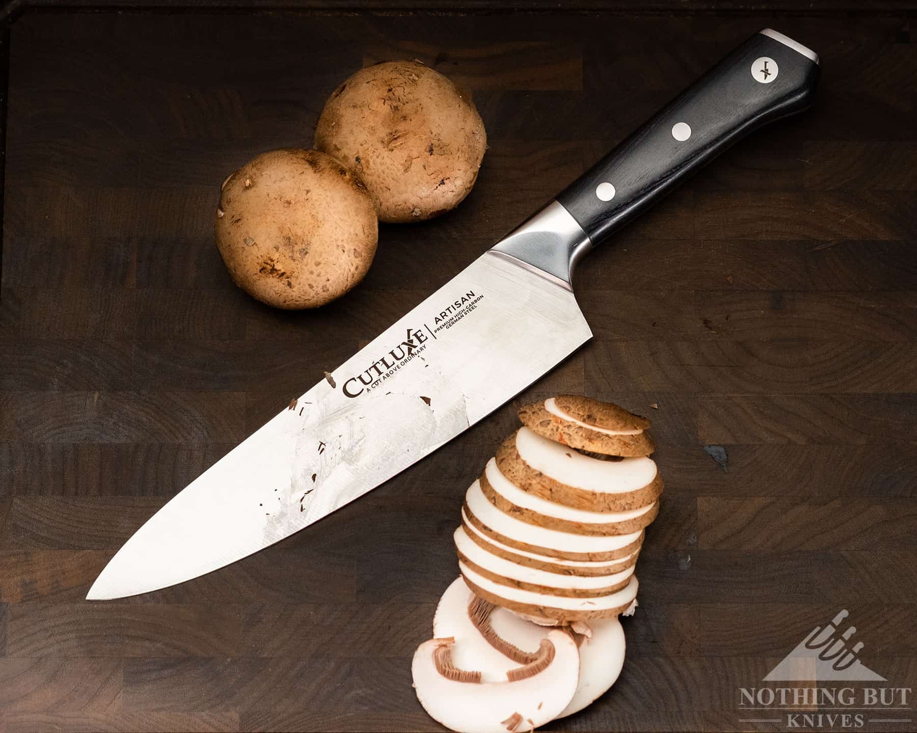 The performance of the Cutluxe Artisan chef knife matches much more expensive name brand cutlery. 