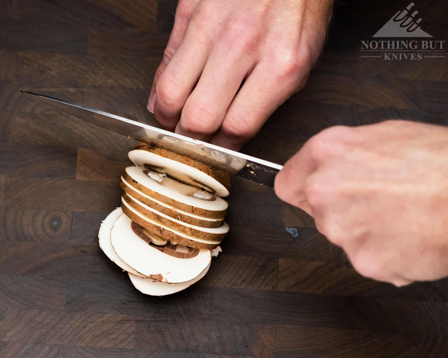 The Cutluxe Artisan chef knife handles mushrooms really well. 