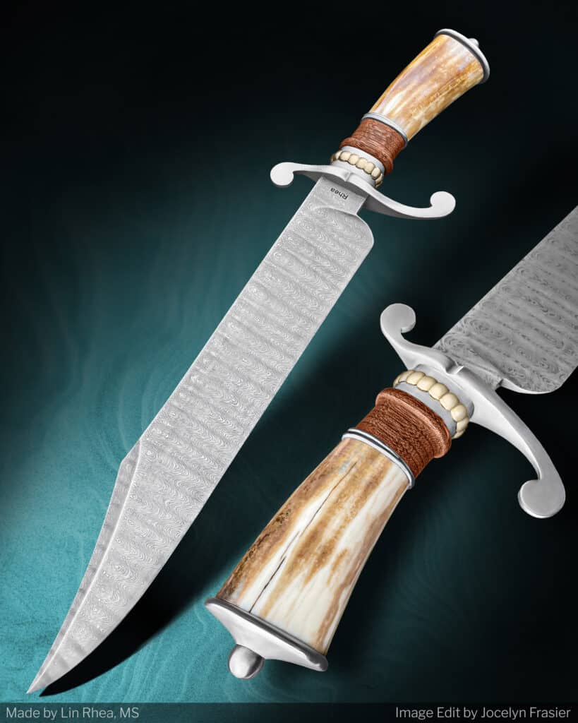 Nbk Custom Knifemaker Spotlight On Lin Rhea - Image 4 This Lin Rhea designed Bowie is mad eof 1084 and 15n20 Damascus steel.