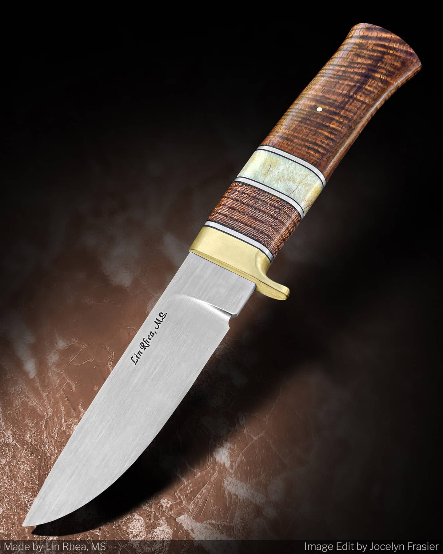 The Hunter by Lin Rhea features an 80crv2 steel blade and KOA, moose antler and Micarta handle.