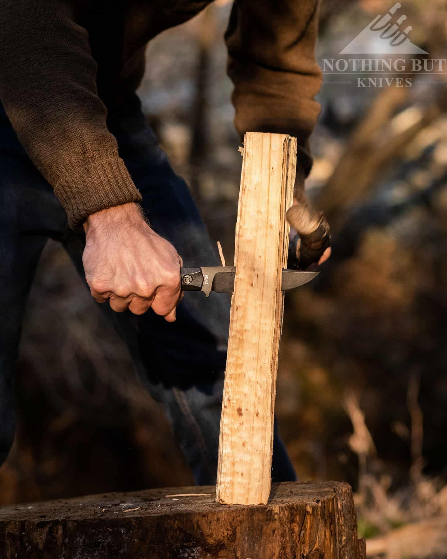 The Ka-Bar Ek commando Short handles wood processing well for a tactical first style of survival knife. 