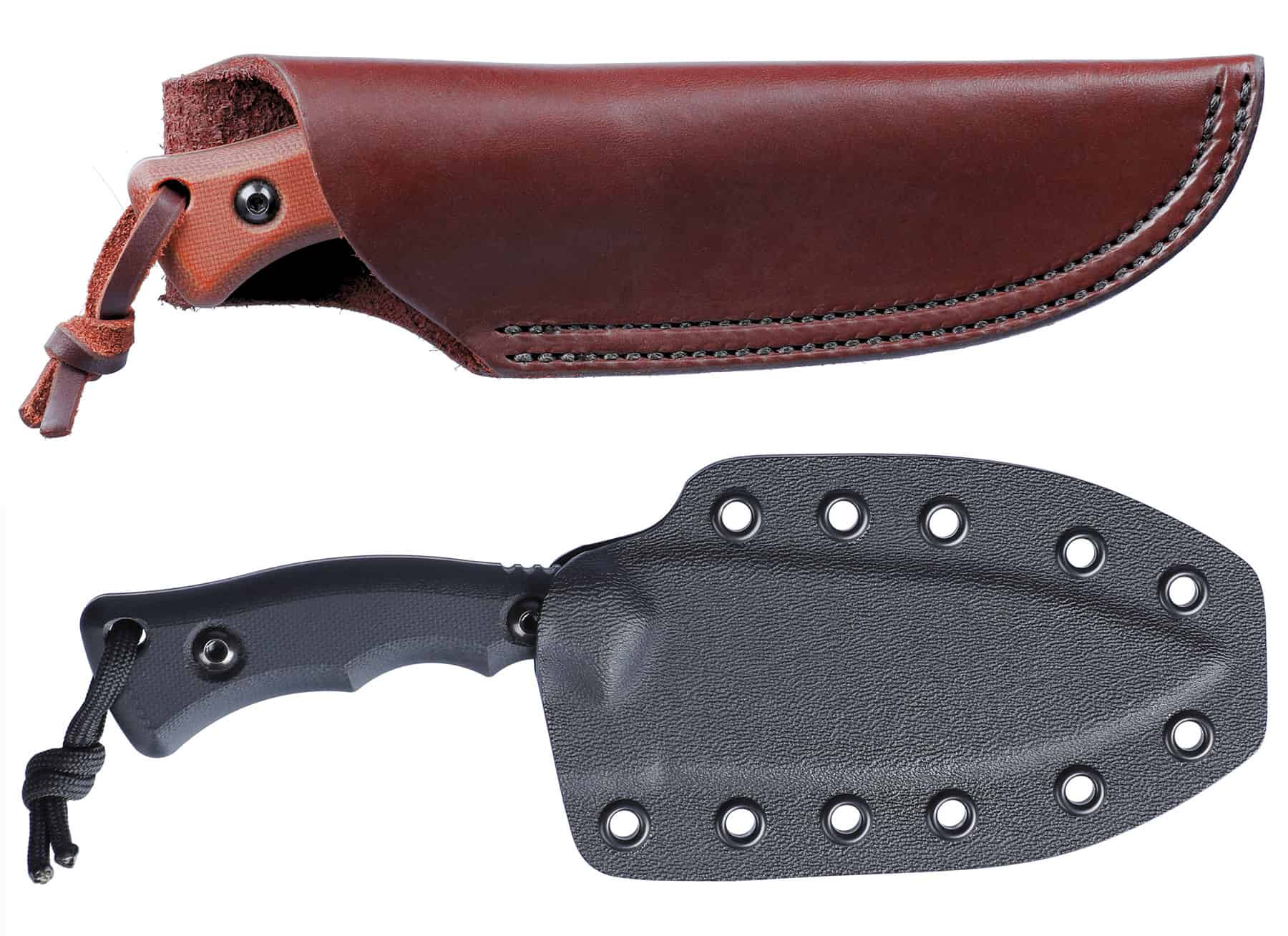 The stonewashed version of the Bugsy ships with a brown leather sheath, and the all black version of the Bugsy ships with a kydex sheath.
