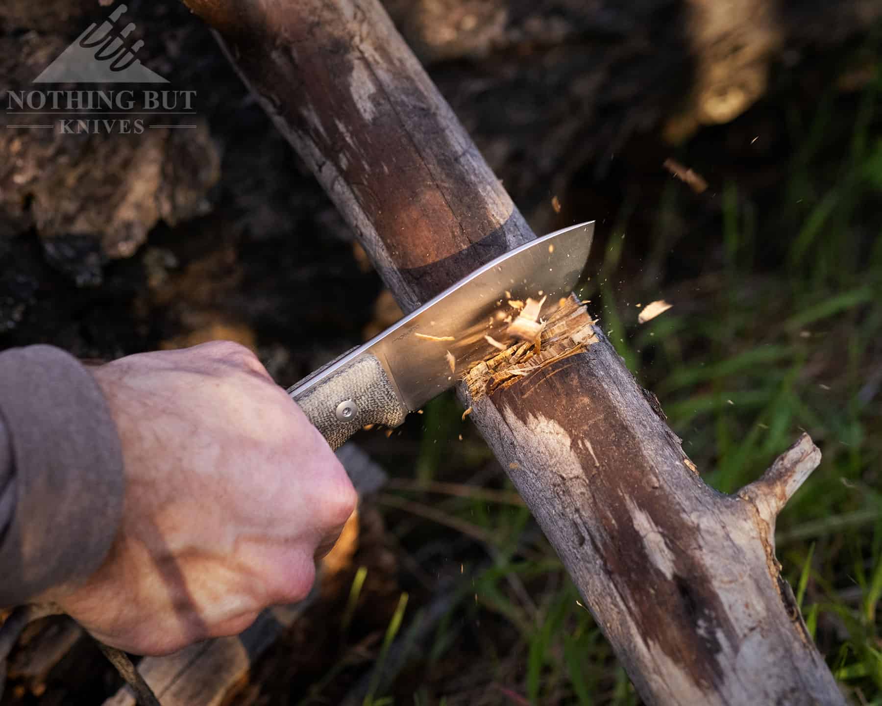 The M2M does a decent job of chopping for a smeerl fixed blade. 