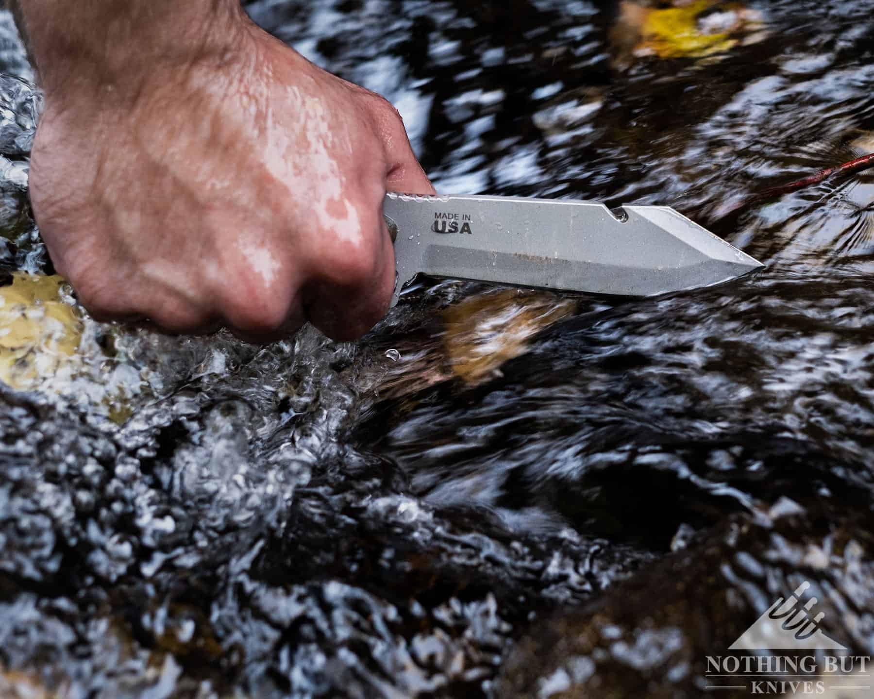 Creek crawling in the wilderness of the Sierra Nevada Mountains with the TOPS Backpacker Bowie. 
