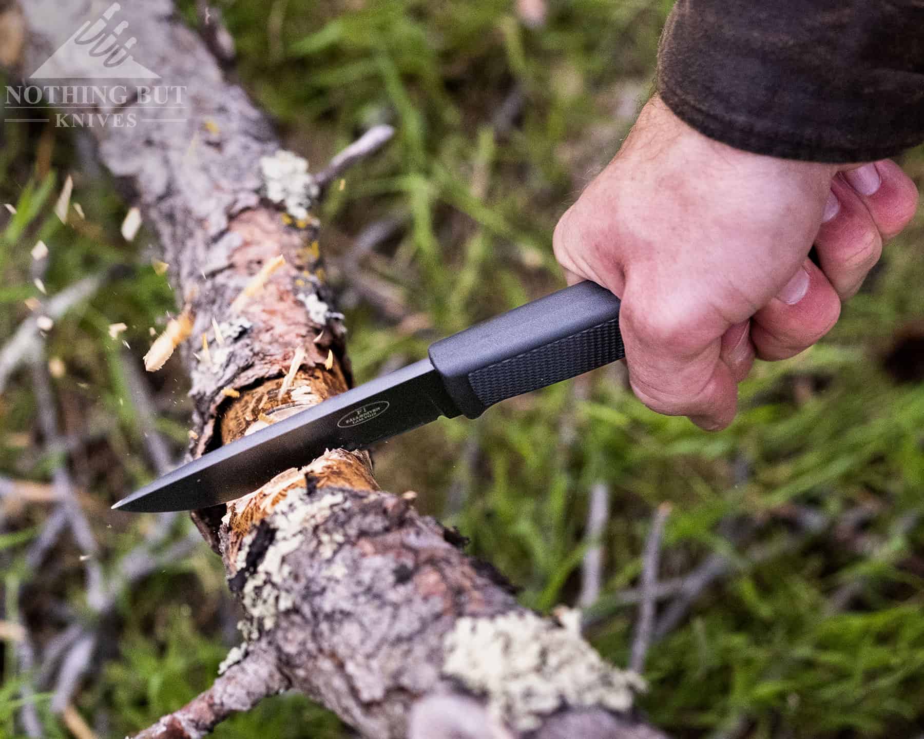 The Falkniven F1 handles chopping well for a mid-size fixed blade. 