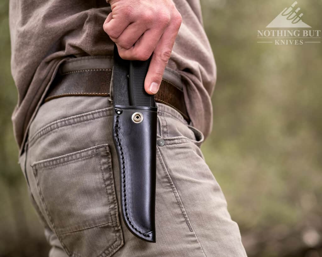 The flap on the Falkniven F1 sheath must be opened before the knife can be removed. 