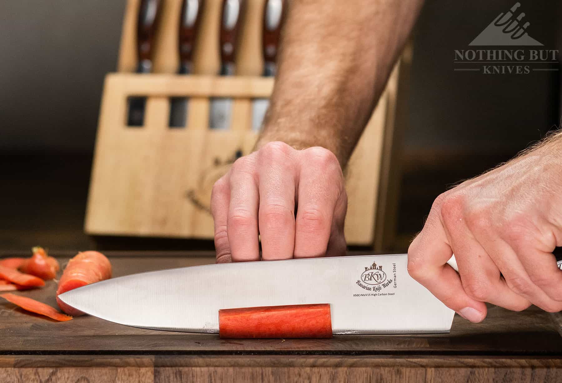 The 10 inch chef knife included in this set sets Bavarian Knife Works apart, because large chef knife are not usually included in factory sets. 
