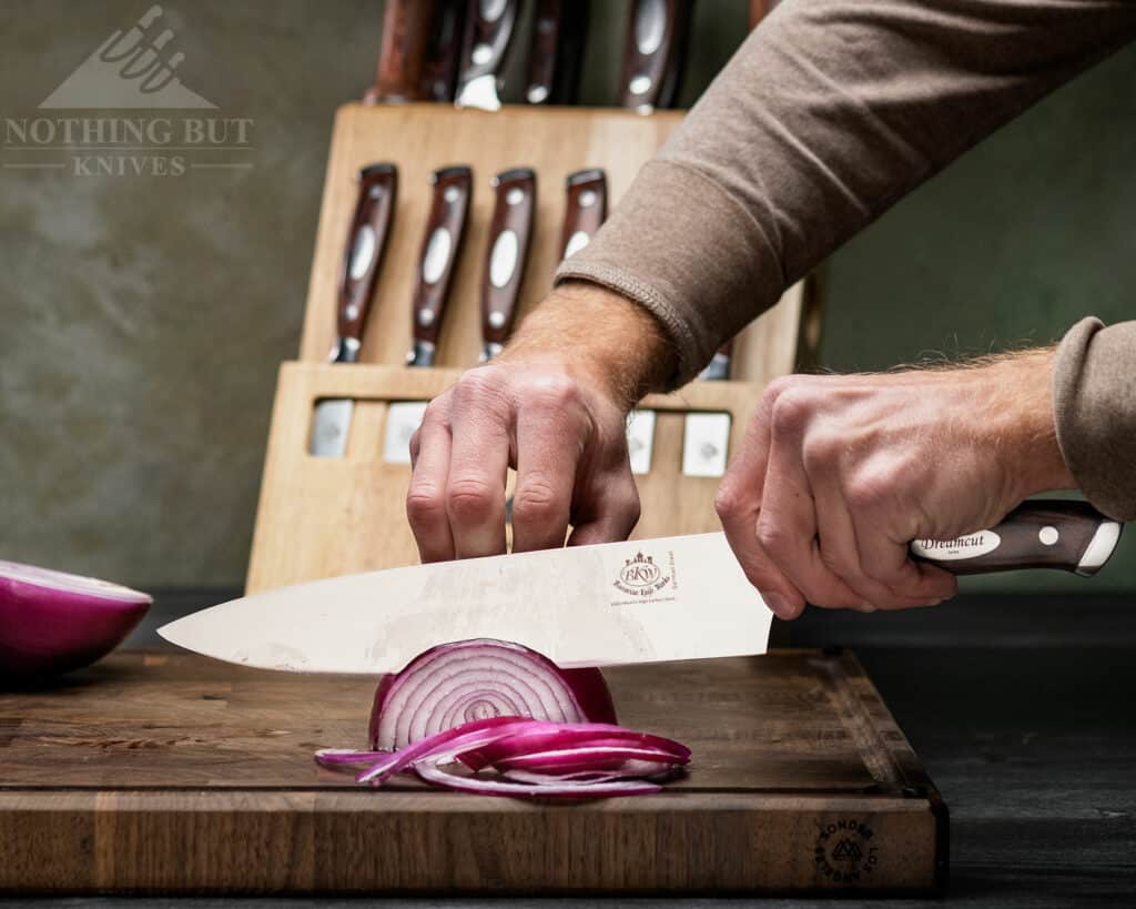 Slicing an onion is fairly effortless with the Bavarian KNife Works chef knife.