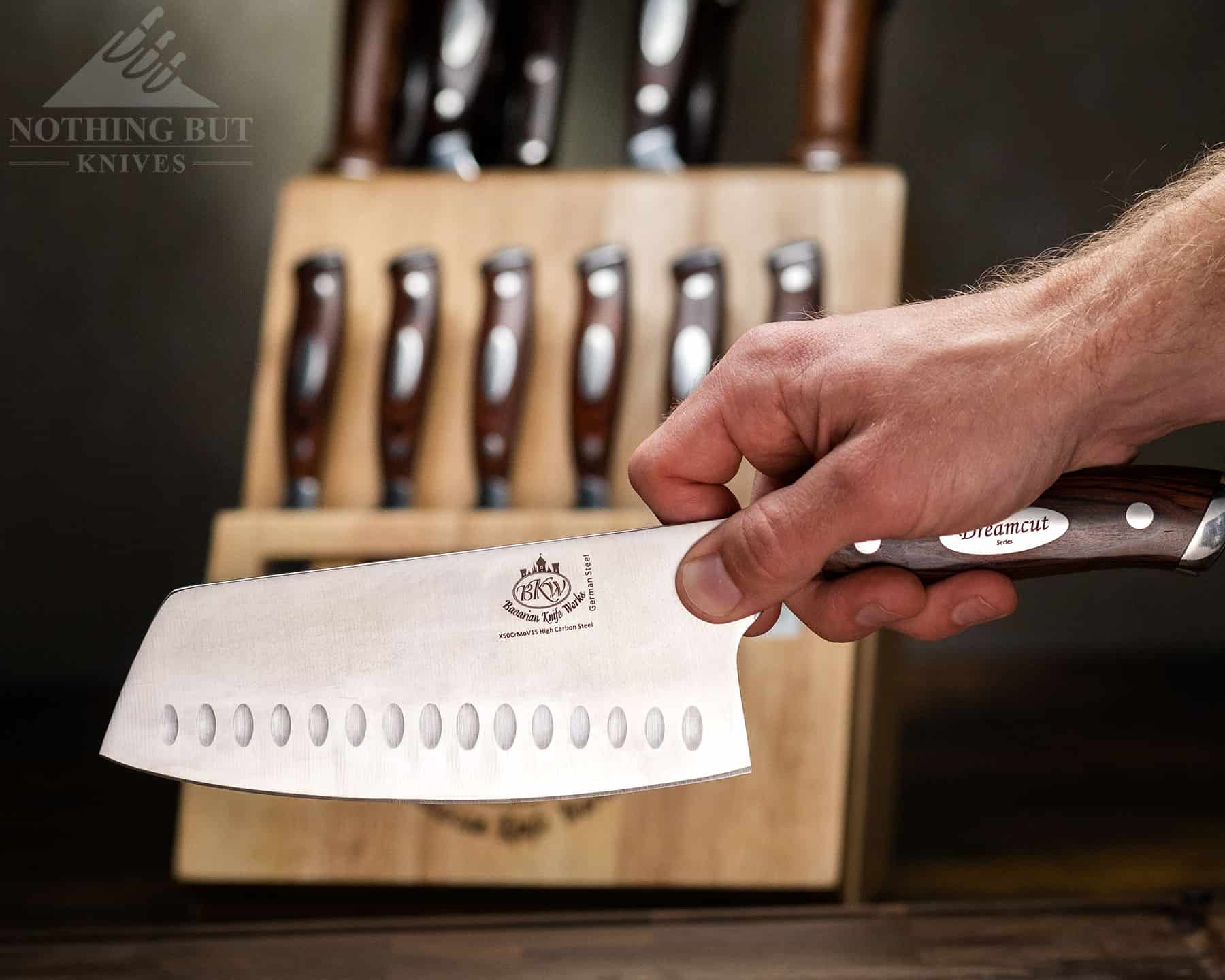 The Bavarian Knife Works cleaver is the heaviest knife in this set, but it’s still pretty maneuverable as far as cleavers go.