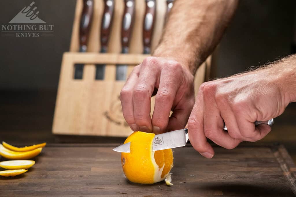 Peeling a lemon with the Bavarian Knife Works paring knife.