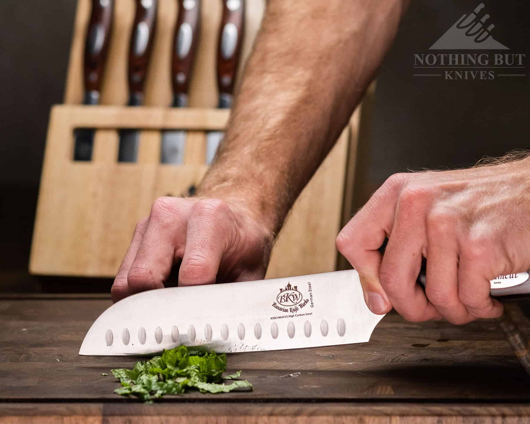 The Bavarian Knife Works Santoku knife is a good option for mincing herbs. 