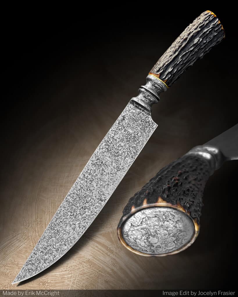 This integral camp knife features a 52100 steel blade and a Sambar stag blade. 