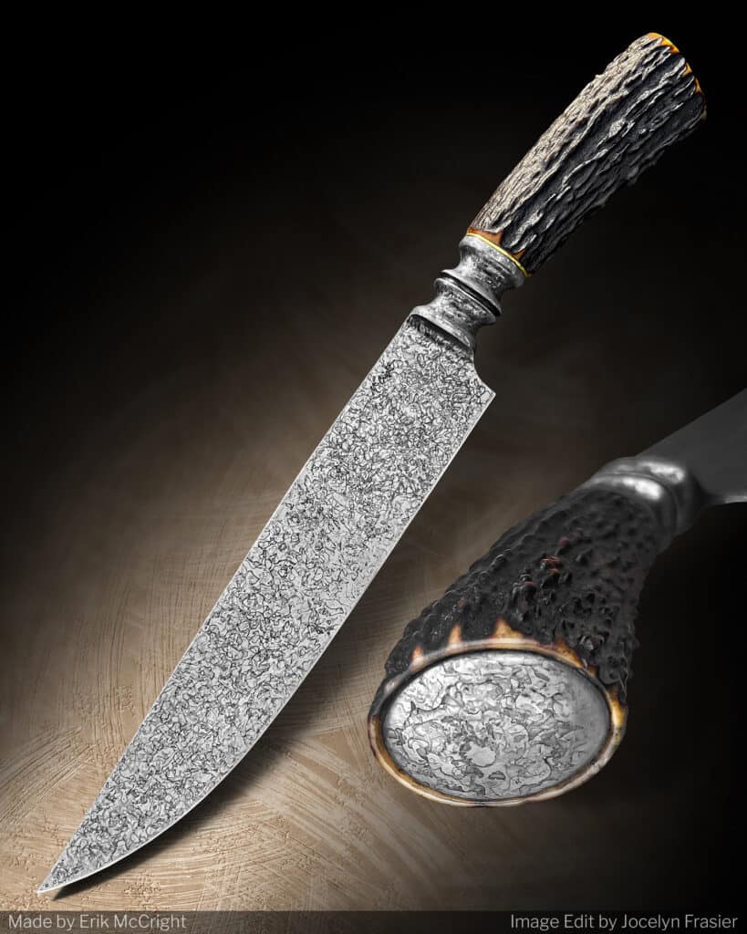 Nbk Custom Knifemaker Spotlight On Erik Mccright - Image 5 This integral camp knife features a 52100 steel blade and a Sambar stag blade.