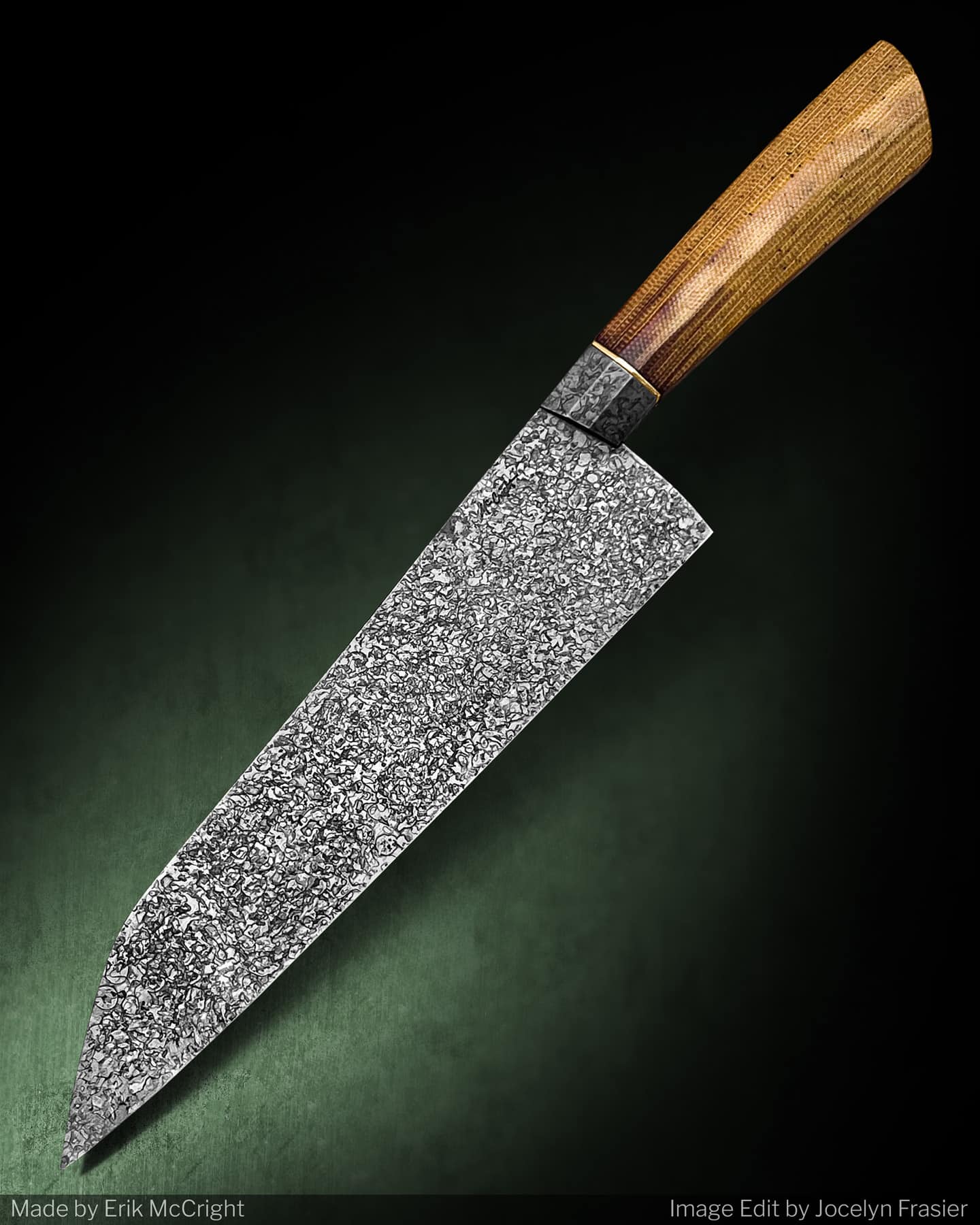 Erik McCright makes both outdoor knives and kitchen knives like the chef knife pictured here. 