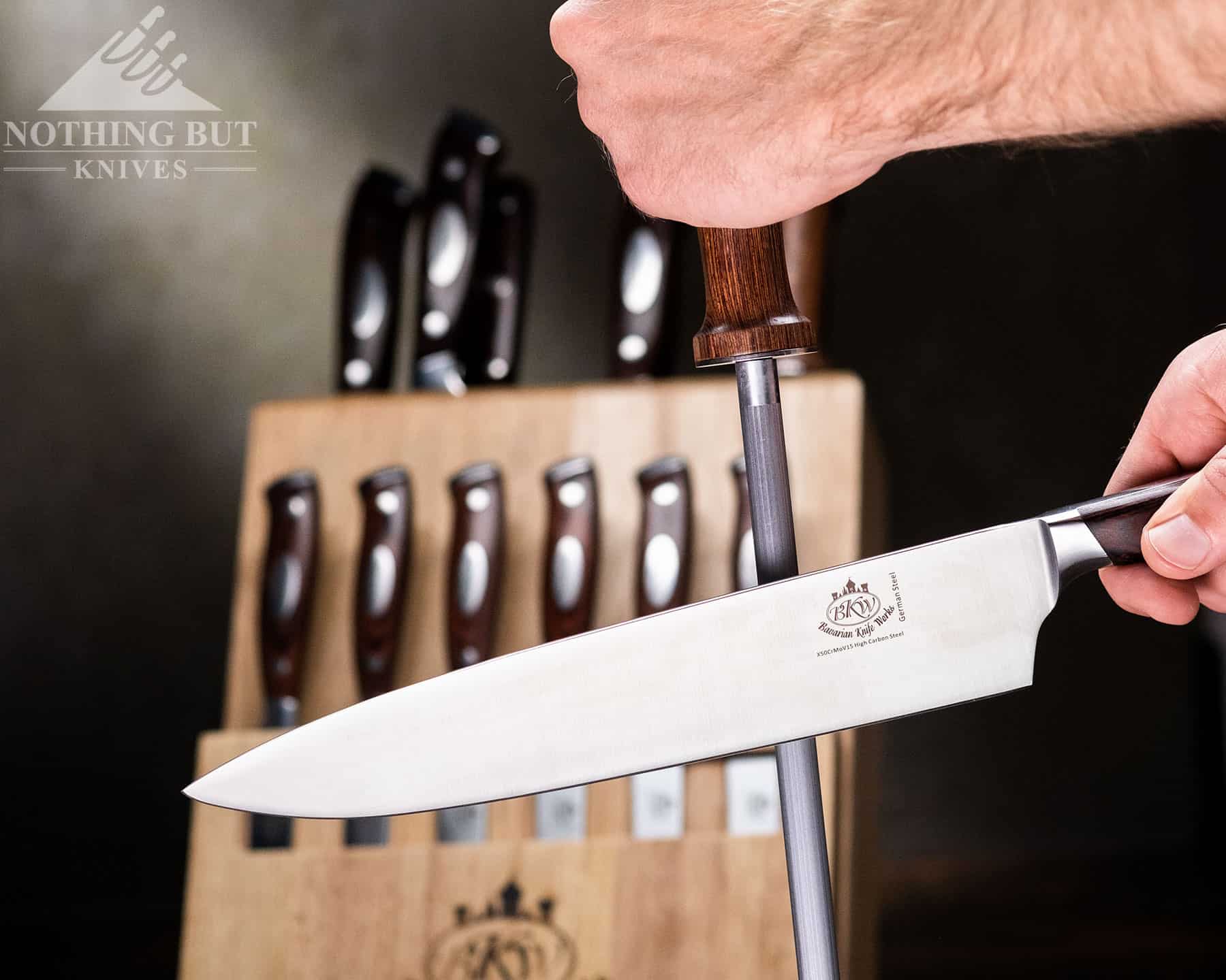 Sharpening a the chef knife with the included sharpening rod. 