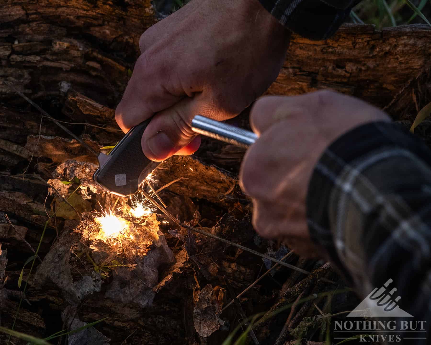 The 90 degree spine of the Strategy is great for throwing spark with a ferro knife. 