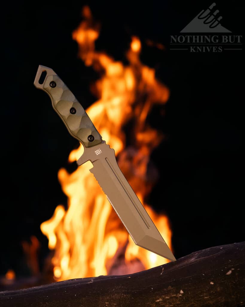 The Halfbreed Medium Infantry with a tanto D2 steel blade is a top survival knife.