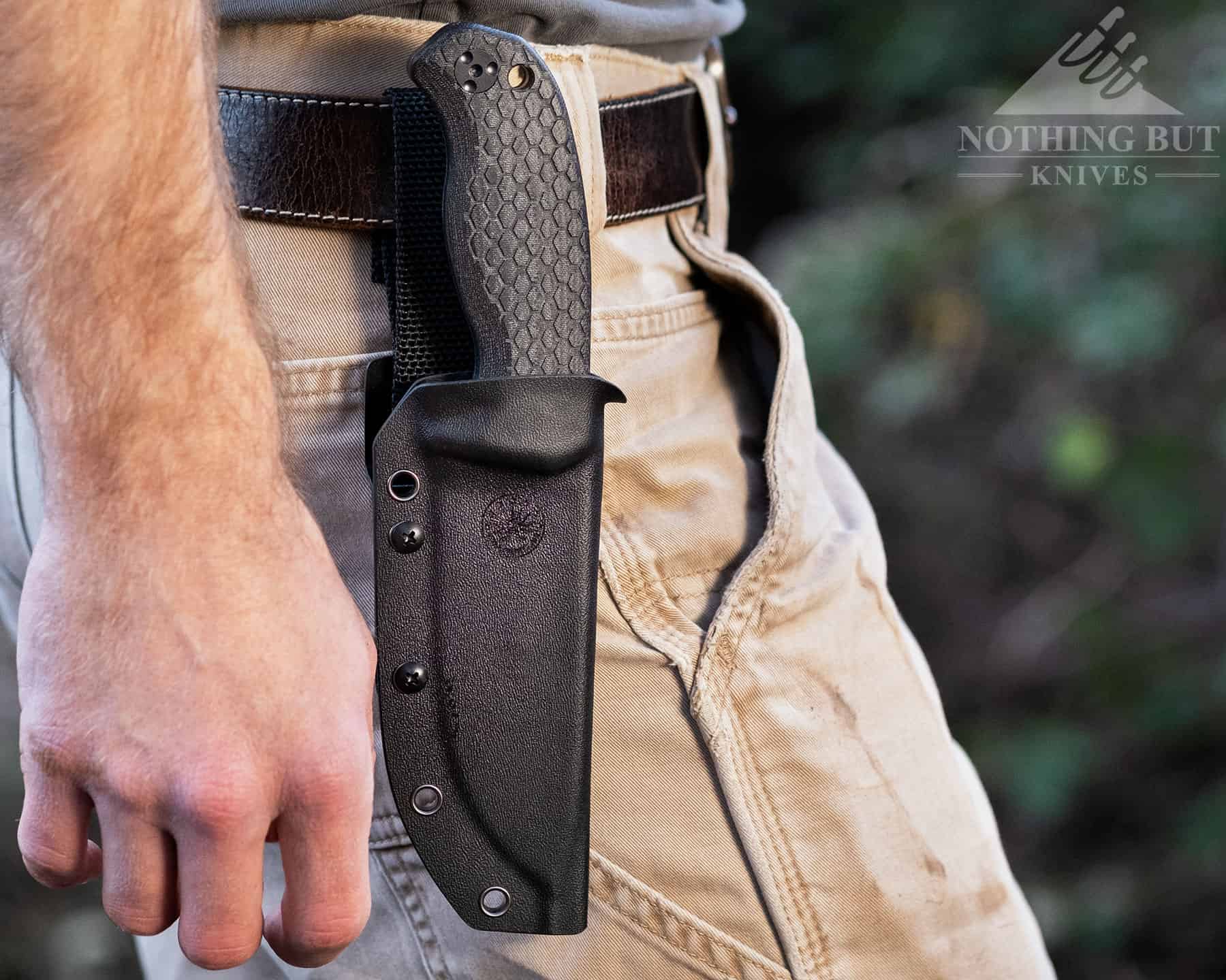 The Kydex sheath of the Off-Grid Tracker-X is comfortable and it holds the knife securely. 