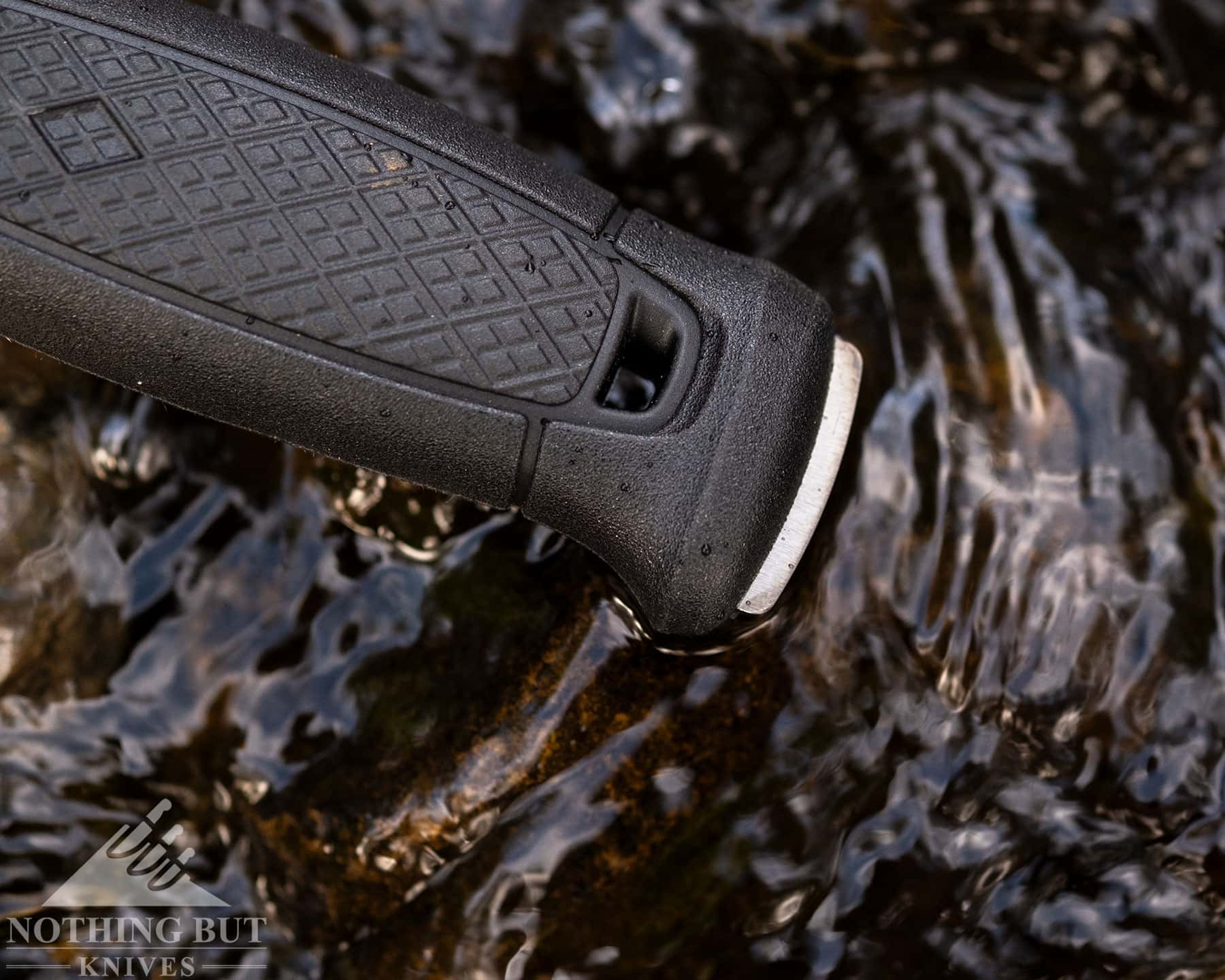 Morakniv Garberg Review - Image 3 A close up of steel protruding from the full-tang Garberg's pommel.