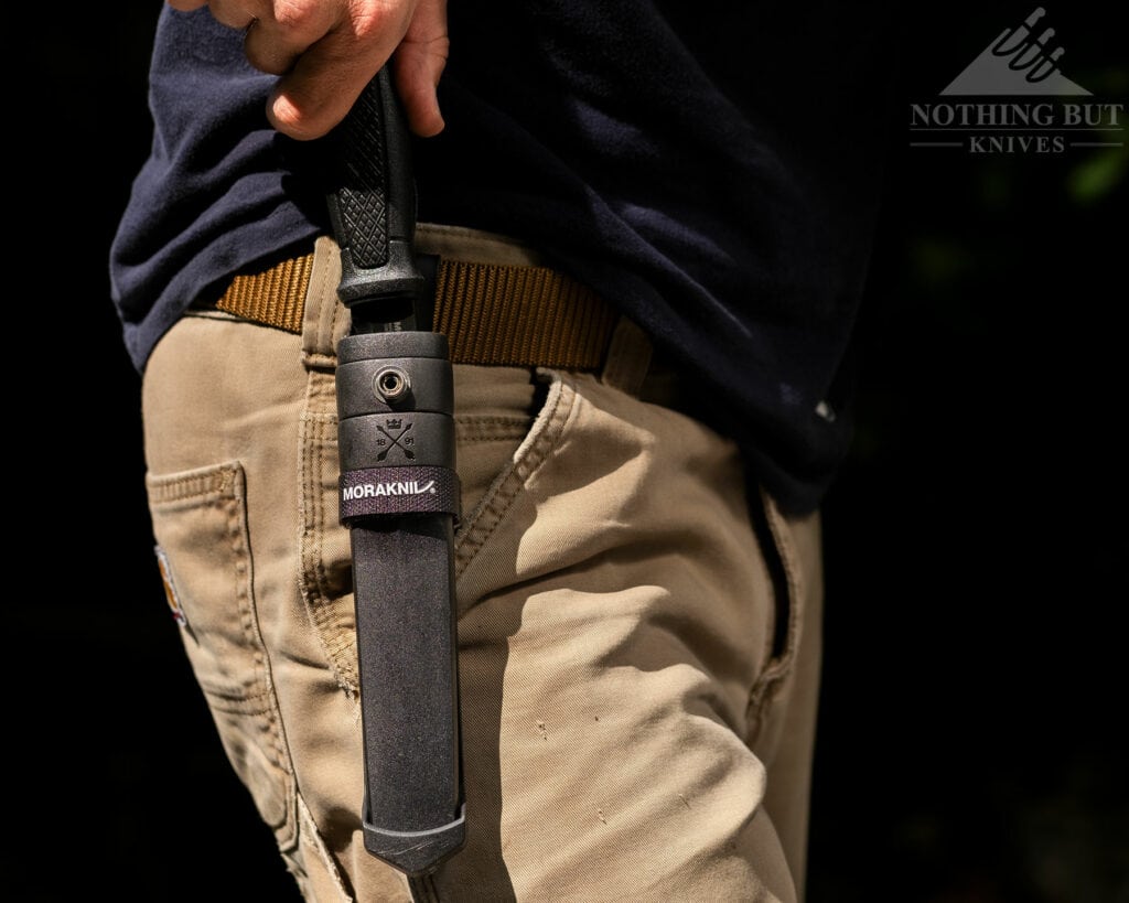 The Garberg sheath system makes it easy to deploy the knive quickly, but it is a bit more difficult to return it to its sheath. 