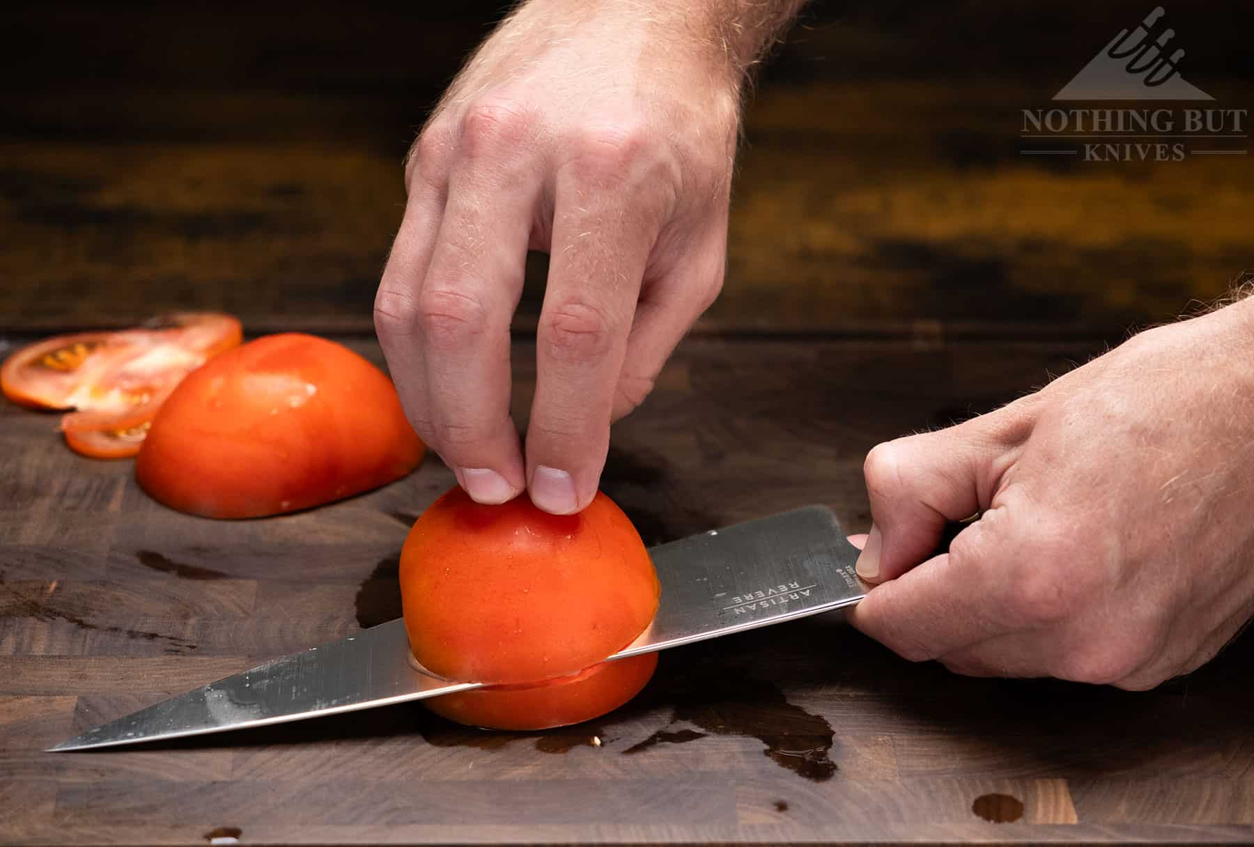 This is a French-style chef’s knife, so it’s meant to be thin with a delicate tip that can make exact insertions and cuts.