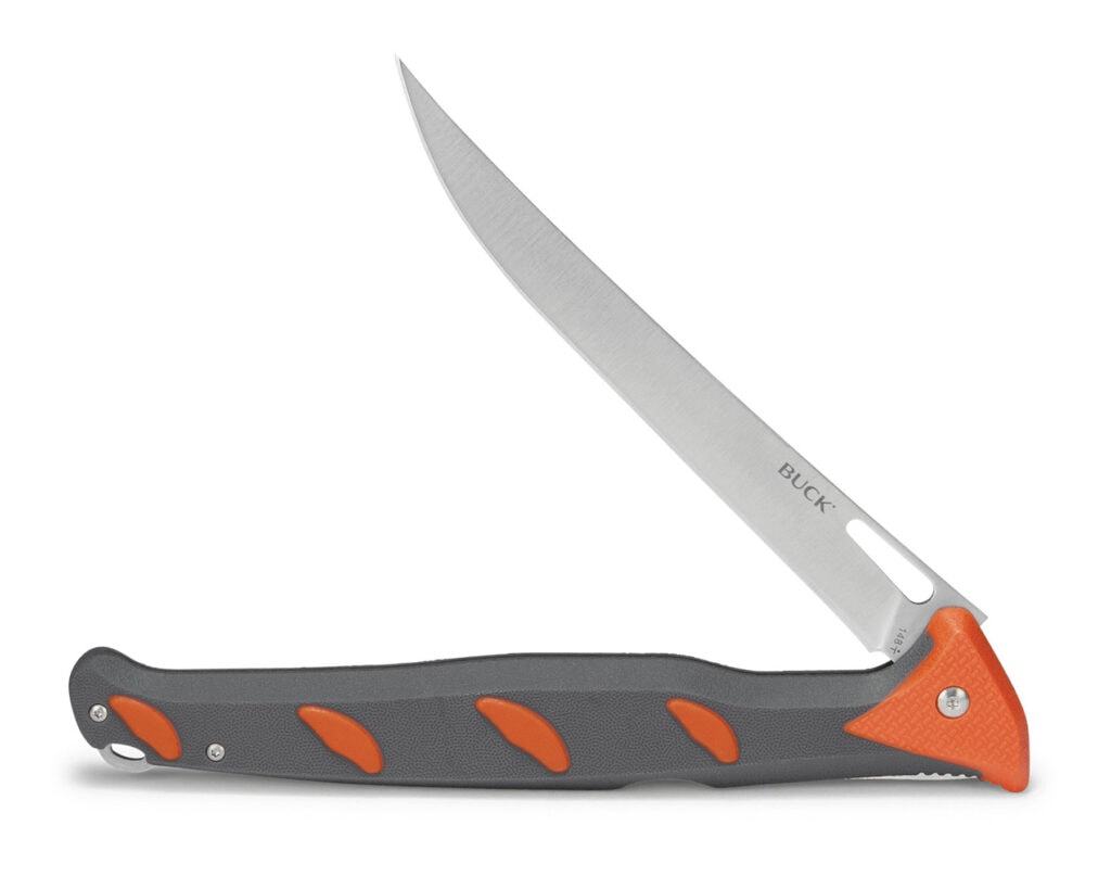 The Buck Knives 148 folding freshwater fillet knife shown here with its blade in the half open position in front of a white background.