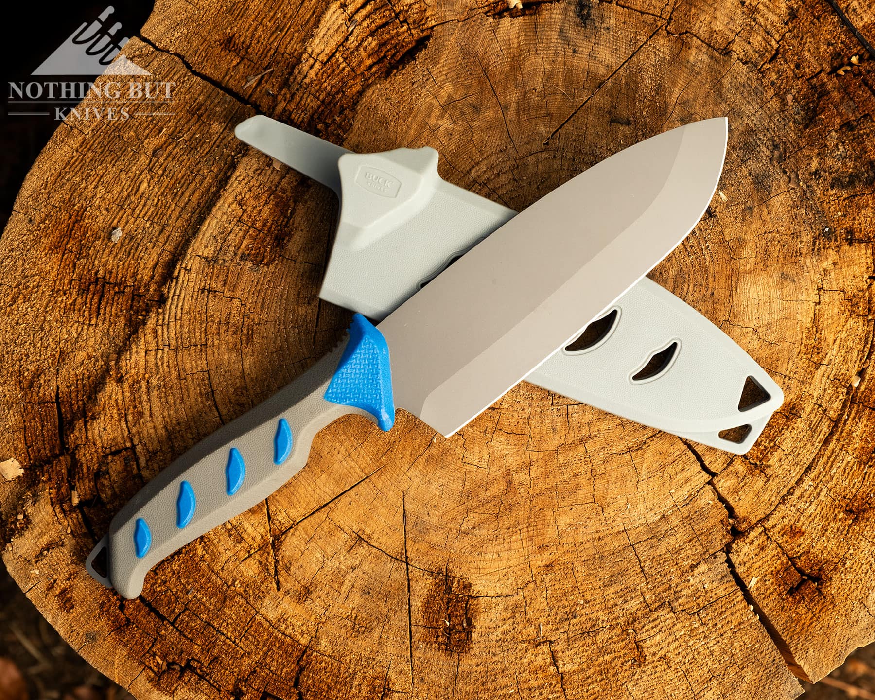 An overhead view of the Buck Hookset Cleaver with its sheath on top of a tree stump.