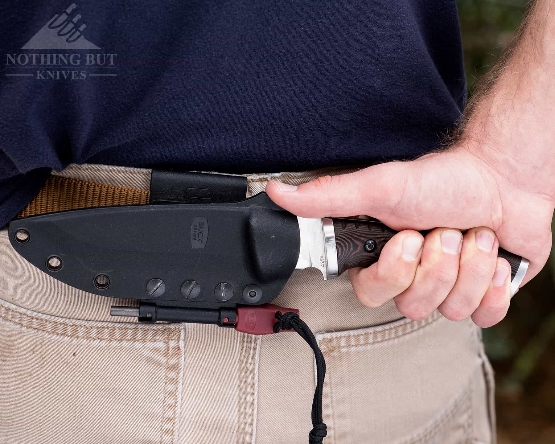 The Buck Selkirk sheath is versatile. It can be adapted to multiple carry options. 
