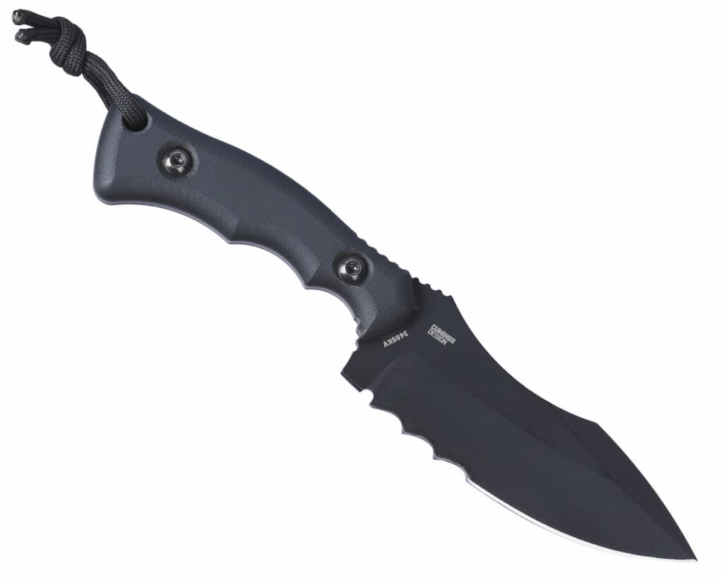 The 3605KV version of the Bugsy features black cerakote, G10 handle scales, Veff serrations and a kydex sheath. 
