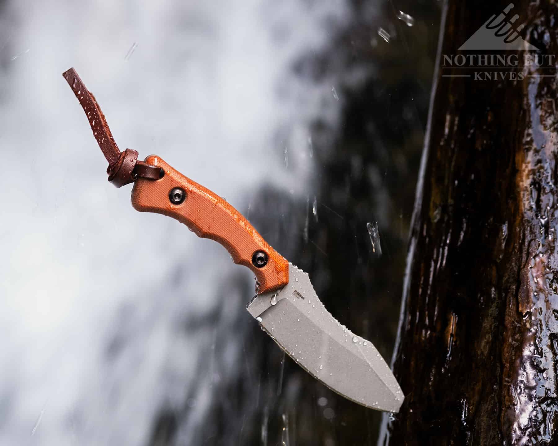 Crkt Bugsy Review - Image 2 The Bugsy stabbed into a log in a waterfall.