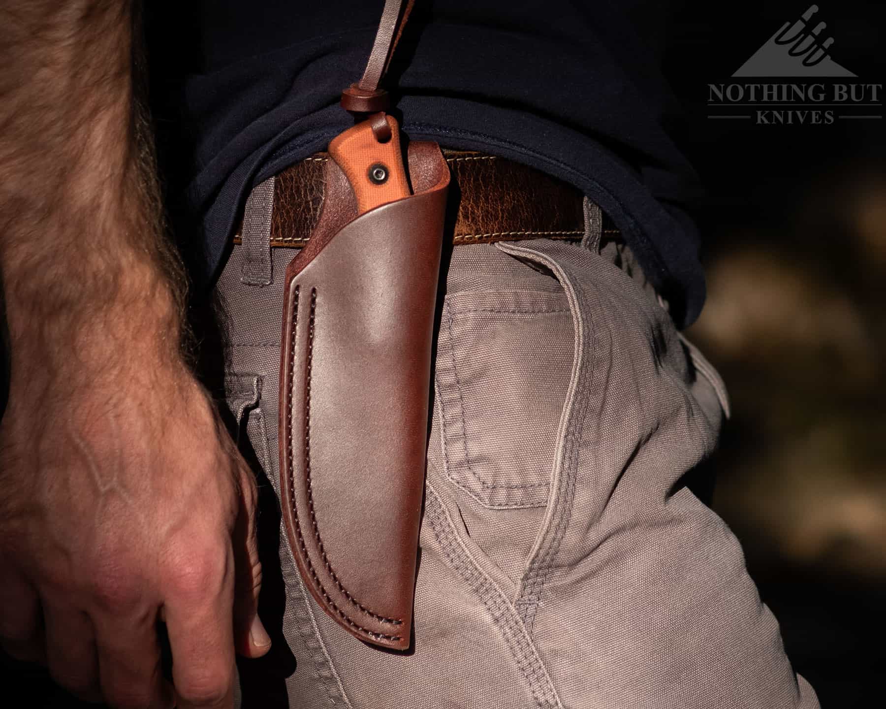 The plain edge version of the Bugsy ships with a brown, leather sheath like the one pictured here. 