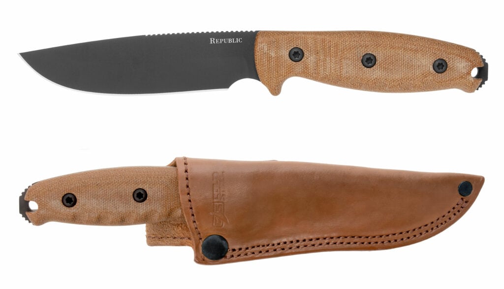The new bushcraft knife from Cold Steel ships with a leather sheath. 