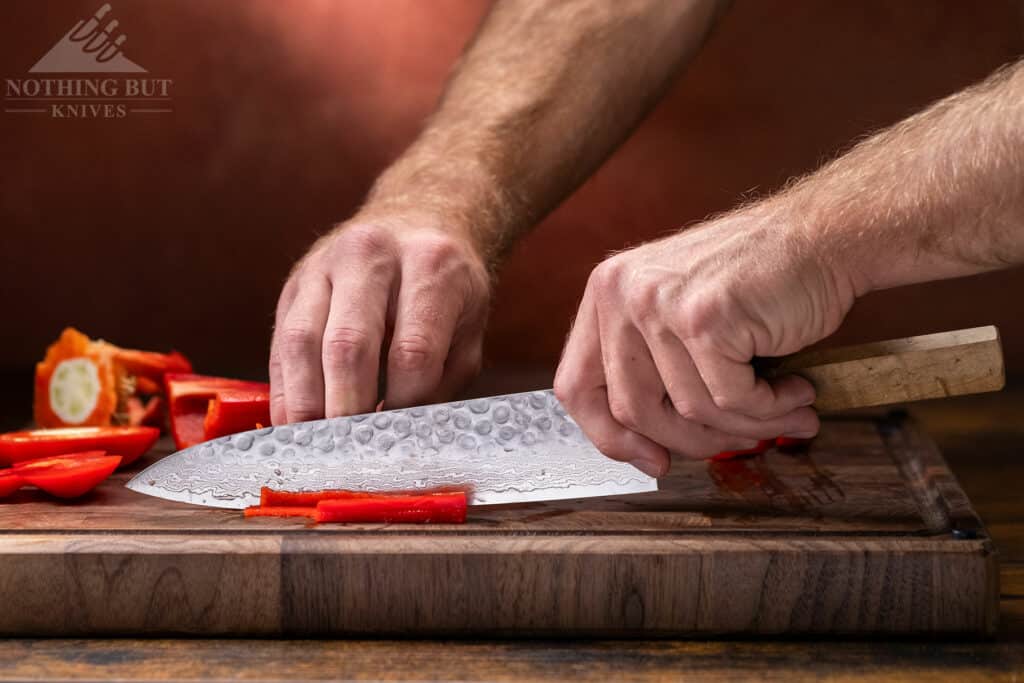 Oishya Sakai Kyuba Gyuto Chef'S Knife Review - Image 6 Julienne cuts on a red bell pepper with Oishya's Japanese chef's knife.