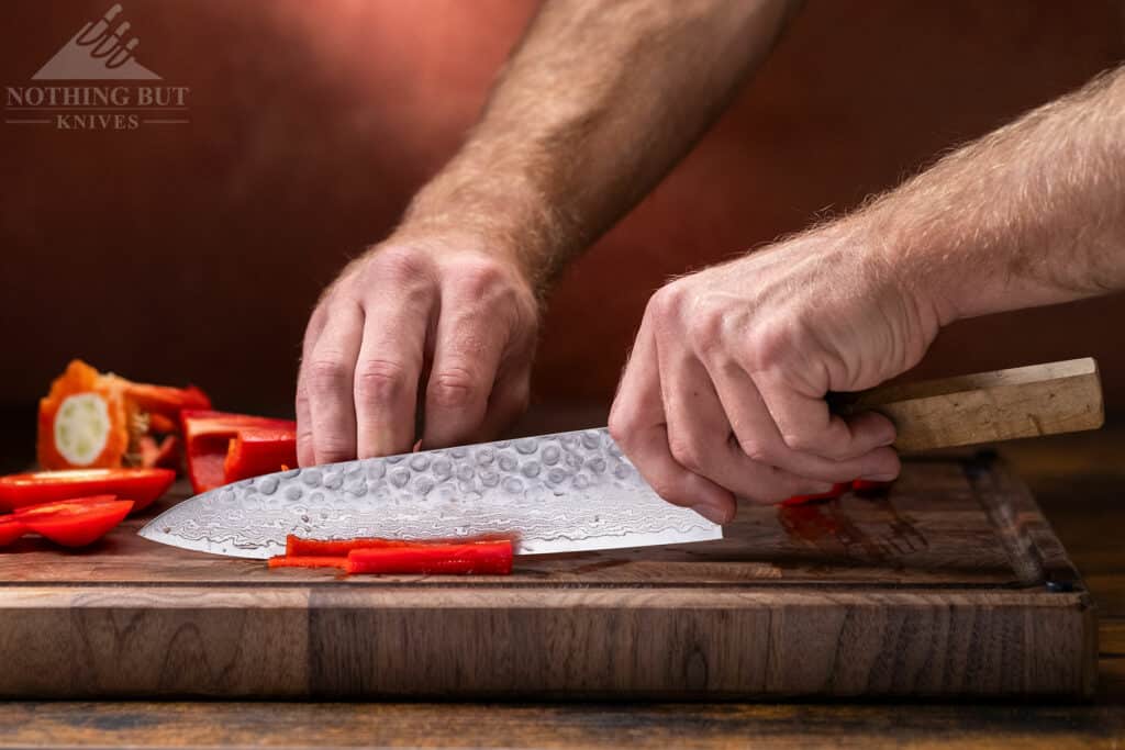 The Oishya Sakai Kyuba chef knife blade has good edge retention for a VG-10 blade due in part to its good heat treatment. 