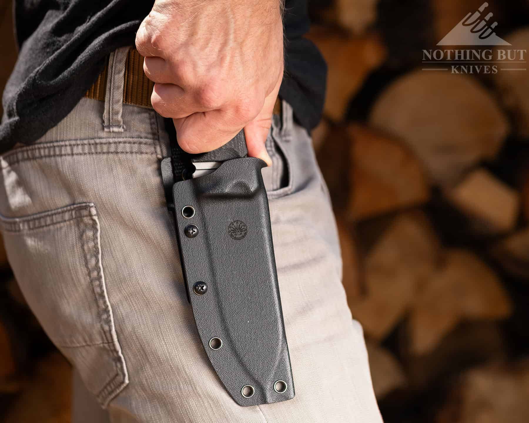 The kydex sheath that ships with the Off-Grid Ridgeback is one of the best kydex sheaths we have tested on any bushcraft knife. 