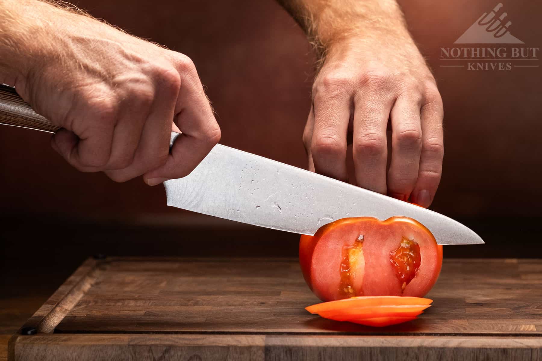 The Kanso chef knife is not quite the effortless slicer the Shun Classic chef knife is, but it is less likely to chip. 