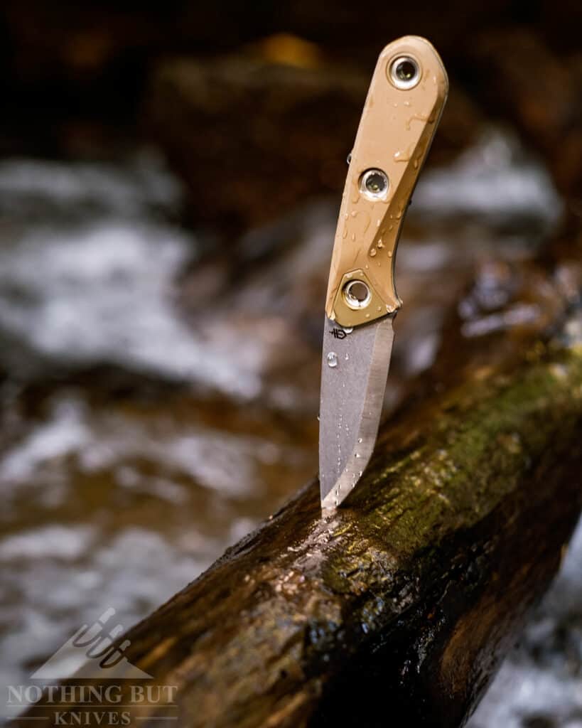 The Gerber Principle does not have great edge retention, but is does have good corrosion resistance, so it is a good option if you need a bushcraft knife for a wet environment. 