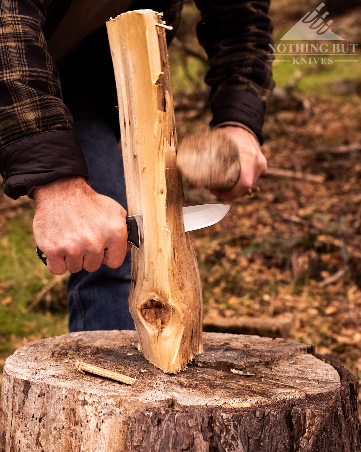 A close-up of the Olive Arbor knife being used to baton a piece of firewood on top of a stump in a forest.