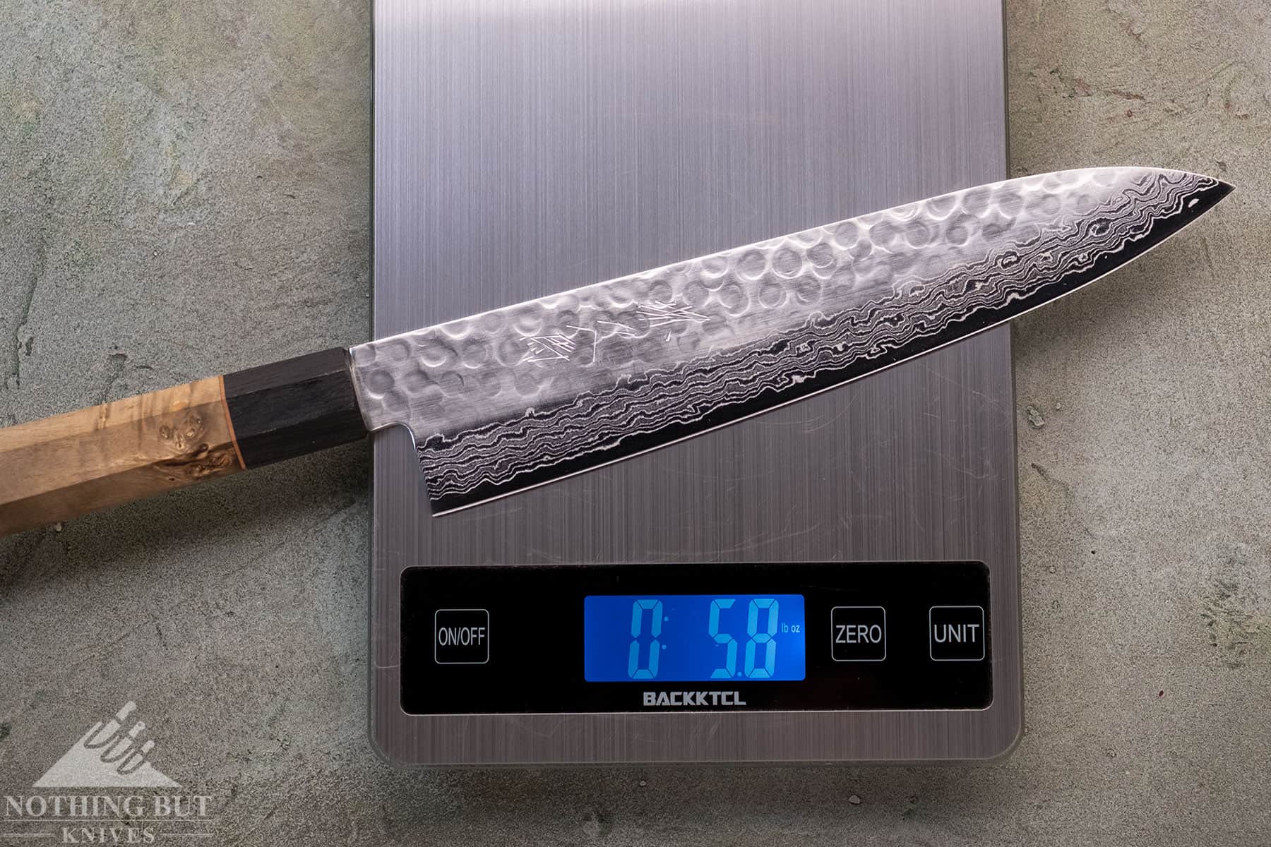 Oishya Sakai Kyuba Gyuto Chef'S Knife Review - Image 3 Weighing the Oishya gyuto chef's knife in at 5.8 oz.